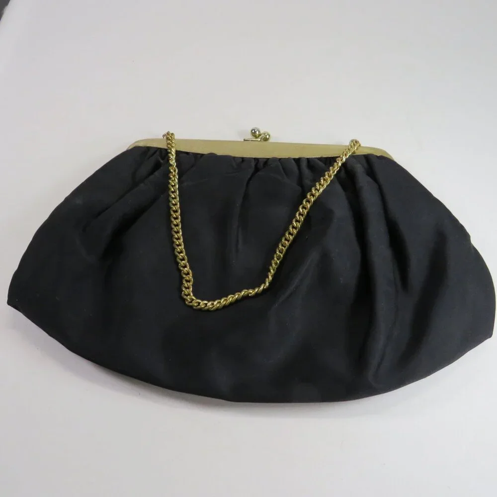 Vintage Julius Resnick Black Satin Evening Clutch | Mid Century MCM Purse Set